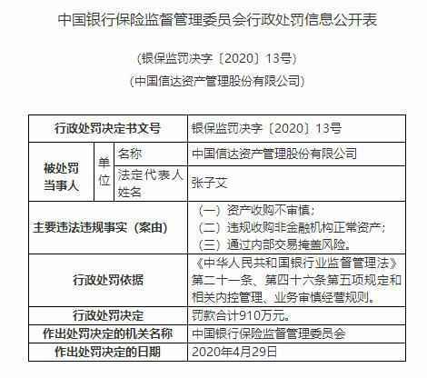  新总裁上任后首现大额罚单，中国信达因资产收购不审慎等领910万元罚单