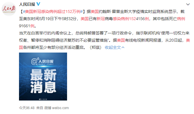 美国新冠感染病例超过152万例 至少17个州新增病例明显上涨