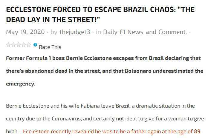 前F1总裁离开巴西移居瑞士：新冠死者躺在街头