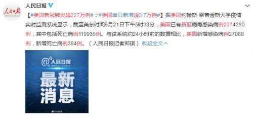 6月22日美国疫情最新消息：新冠肺炎超227万例 单日新增超2.7万
