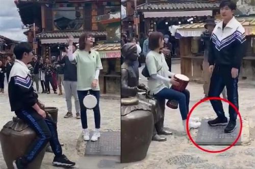 郭京飞王珞丹坐雕塑踩石碑怎么回事？图片详情曝光引网友热议
