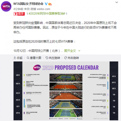 WTA取消2020网球中国赛季 包括中网等7站比赛