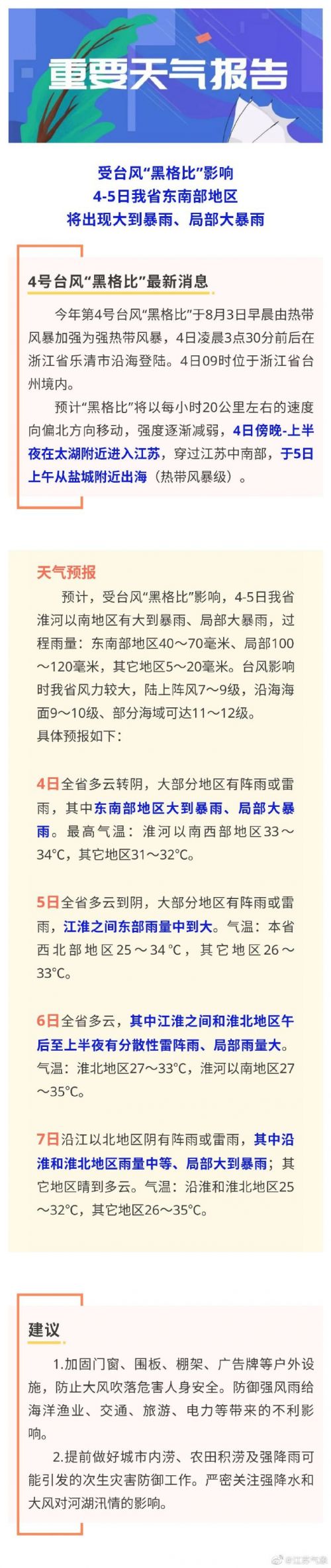 ​受台风黑格比影响 江苏省东南部地区将出现大到暴雨