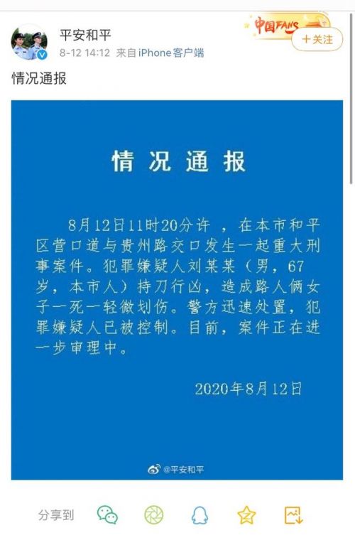 天津男子当街持刀砍人致1死1伤最新消息 警方通报全文曝光