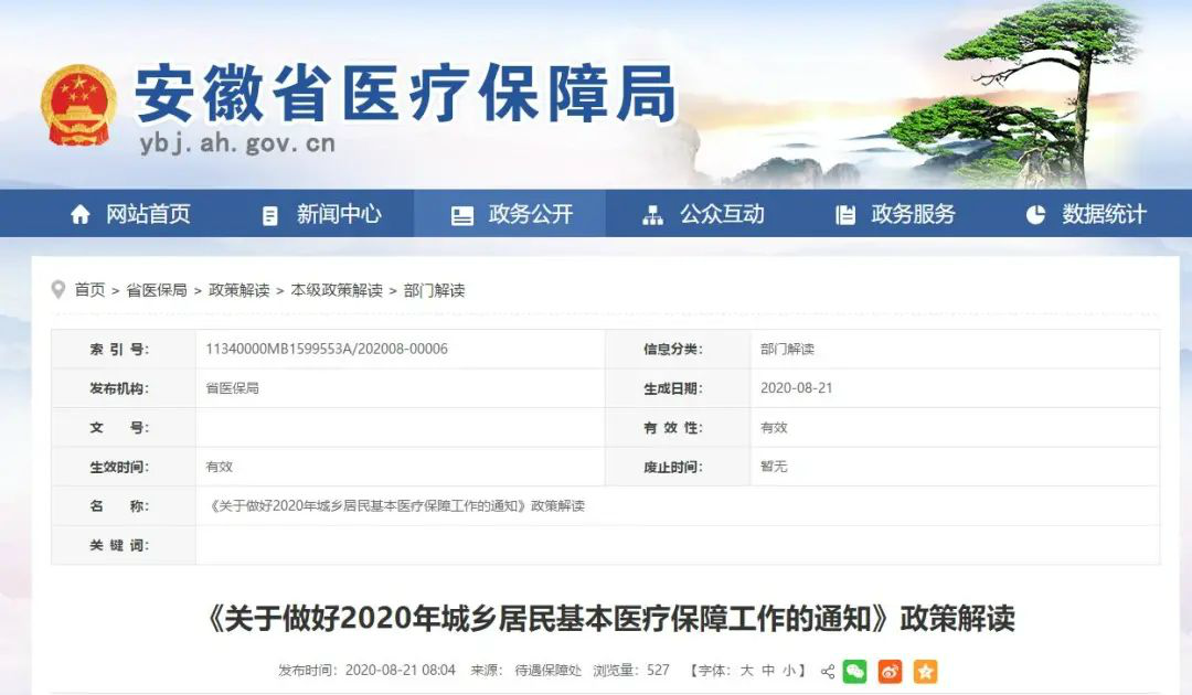 安徽2020年城乡居民基本医疗保险筹资标准 每人每年550元