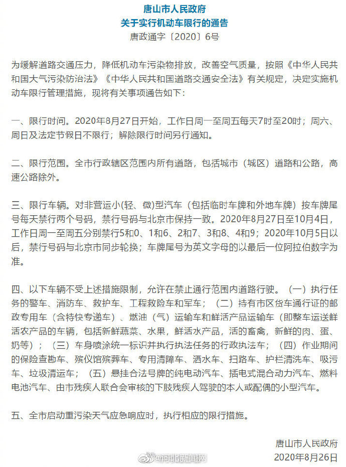 唐山限行