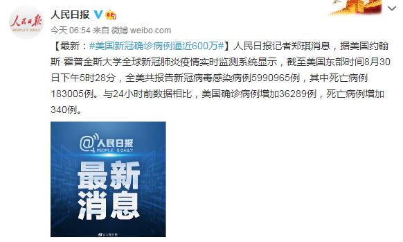 8月31日美国疫情最新消息情况：美国新冠确诊病例逼近600万