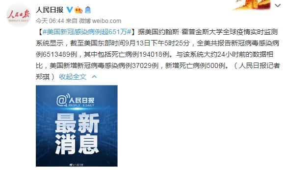 9月14日美国疫情最新消息情况：美国新冠感染病例超651万