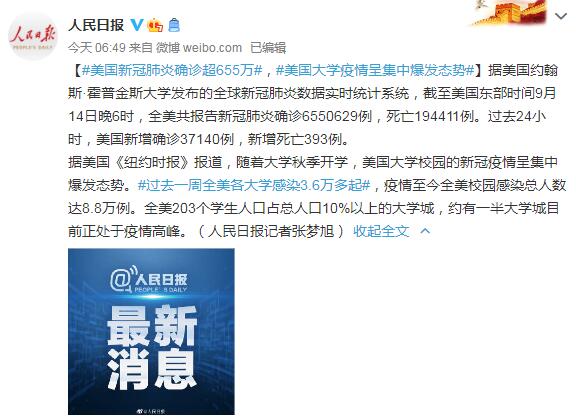 9月15日美国疫情最新消息情况：美国新冠肺炎确诊超655万