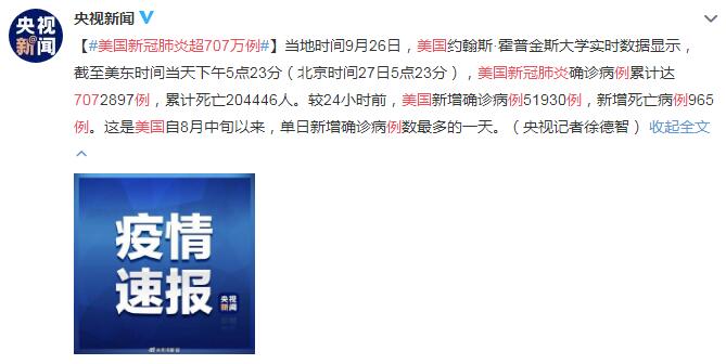 9月27日美国疫情最新消息情况：美国新冠肺炎超707万例