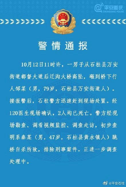 重庆一男子跳桥自杀砸到桥下行人，2人均死亡