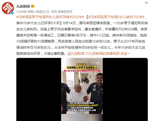 马来西亚男子性侵两女儿致怀孕被判702年 9岁时就遭性侵