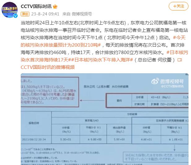 东京电力:今天预计排放核废水200吨 每天排放情况次日公布