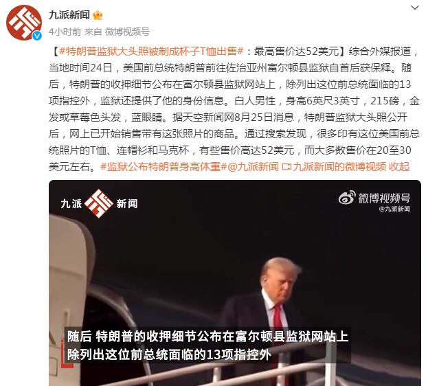 特朗普监狱大头照周边开卖 有些售价高达52美元